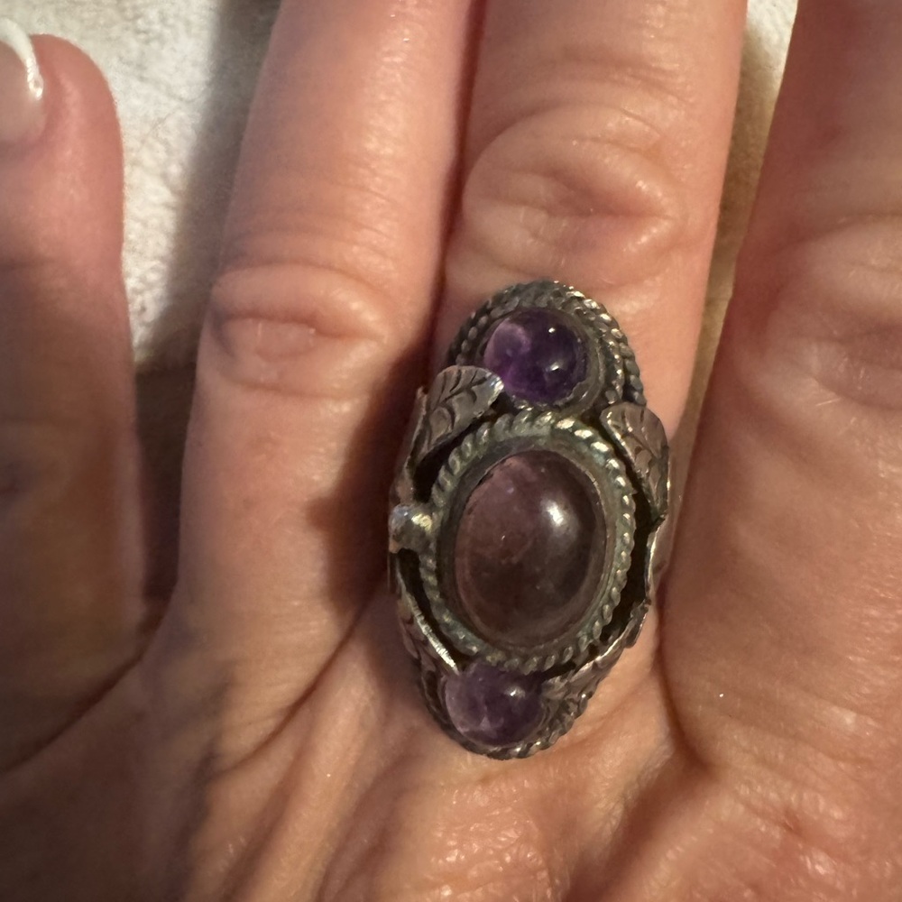 Signed Sterling Silver Ring With Three Amethyst S… - image 2